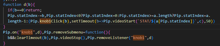 A
                screenshot of the dumped firmware. It notably shows a function
                'd' and a call Pip.on('knob1', d)